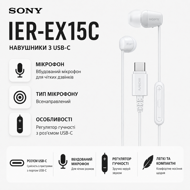 Навушники дротові з мікрофоном Sony IER-EX15C USB-C Білий (IEREX15CW.E) - зображення 2