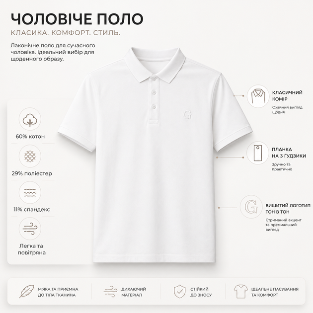 Футболка поло мужская Bihor базовая однотонная ,XL,Белый - изображение 3
