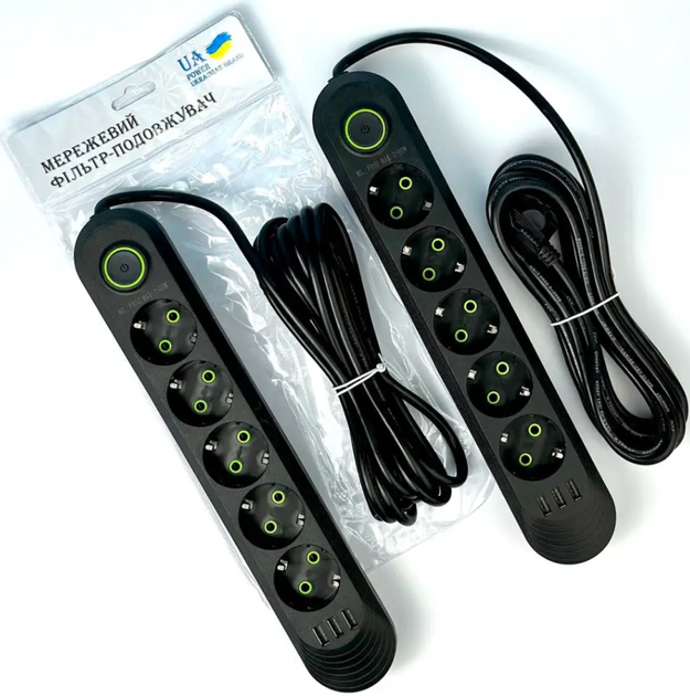 Подовжувач мережевий UA Power F05U, 3USB, 5 розеток, 2 м, чорний - Фото 3 Подовжувач мережевий UA Power F05U, 3USB, 5 розеток, 2 м, чорний - зображення 3