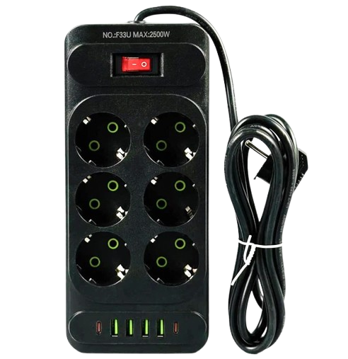 Удлинитель сетевой UA Power F33U, 6 розеток, 4USB, 2Type-C, 6 м, черный - Фото 1 Удлинитель сетевой UA Power F33U, 6 розеток, 4USB, 2Type-C, 6 м, черный - изображение 1