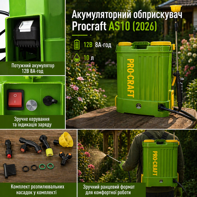 Аккумуляторный опрыскиватель Procraft AS20 12 20В ранцевый бак 12 л Turbo режим АКБ 2Ач садовый для обработки растений - Фото 2 Аккумуляторный опрыскиватель Procraft AS20 12 20В ранцевый бак 12 л Turbo режим АКБ 2Ач садовый для обработки растений - изображение 2