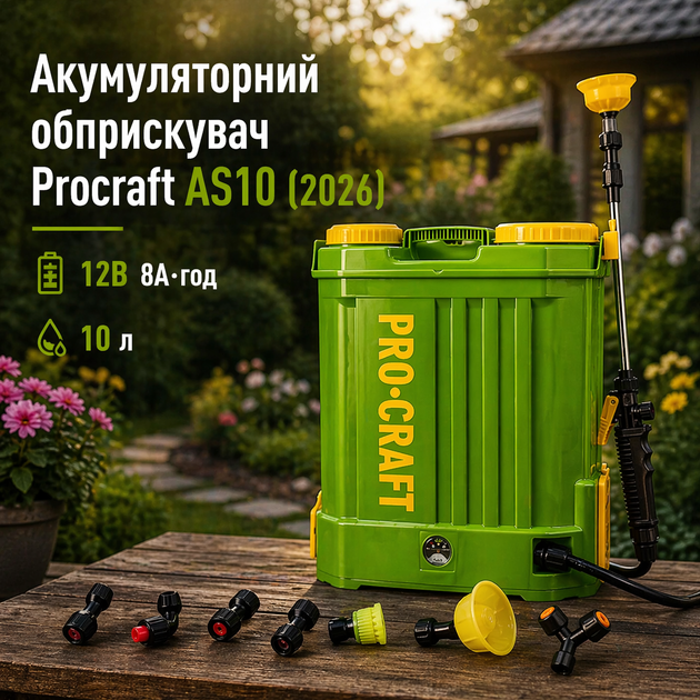 Аккумуляторный опрыскиватель Procraft AS10 2026 12В 8Ач ранцевый бак 10 л до 8 ч работы с зарядкой для сада - Фото 1 Аккумуляторный опрыскиватель Procraft AS10 2026 12В 8Ач ранцевый бак 10 л до 8 ч работы с зарядкой для сада - изображение 1