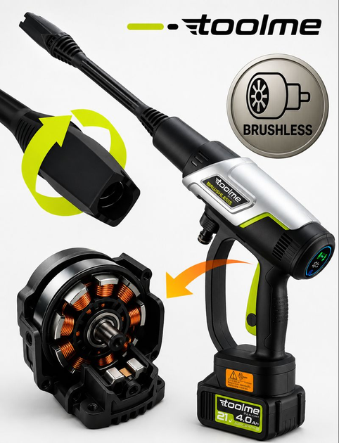 Акумуляторна мийка високого тиску Toolme TM280 PRO BRUSHLESS 450 Вт з алюмінієвою помпою, 2 АКБ 21В, піногенератор - изображение 3