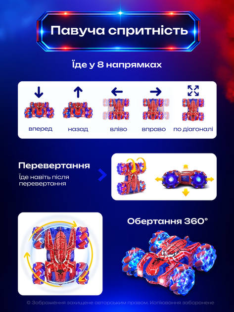 Машинка на радиоуправлении перевертыш радиоуправляемая игрушка трюковая вездеход двусторонняя полноприводная аккумуляторная на пульте управление жестами LED подсветка вращение 360° RC USB Type-C дрифт по бездорожью быстрая маневренная для детей мальчиков - изображение 2