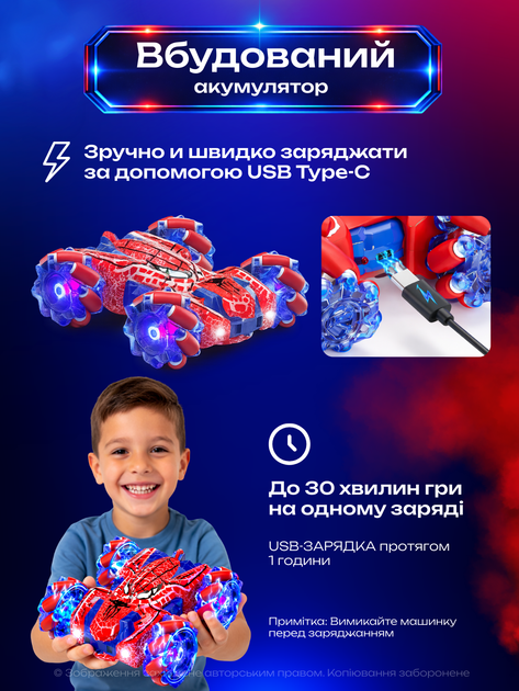 Машинка на радиоуправлении перевертыш радиоуправляемая игрушка трюковая вездеход двусторонняя полноприводная аккумуляторная на пульте управление жестами LED подсветка вращение 360° RC USB Type-C дрифт по бездорожью быстрая маневренная для детей мальчиков - изображение 4