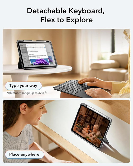 Чехол-клавиатура ESR Flex для iPad Air 11" (M4/M2/M1): магнитная съемная конструкция, большой трекпад, Bluetooth, темно-серый - изображение 5