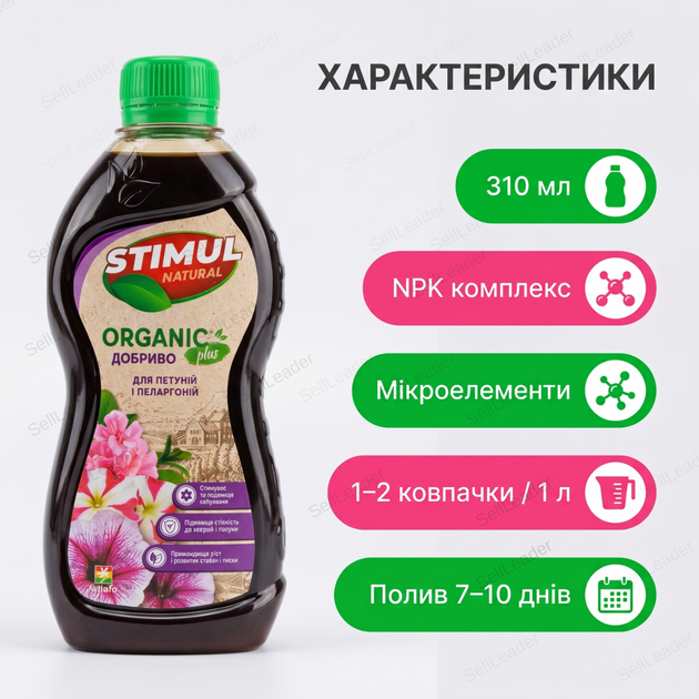 Удобрение органическое "Stimul Natural" 310мл жидкое для балконных и комнатных петуній і пеларгоній - Фото 3 Удобрение органическое "Stimul Natural" 310мл жидкое для балконных и комнатных петуній і пеларгоній - изображение 3