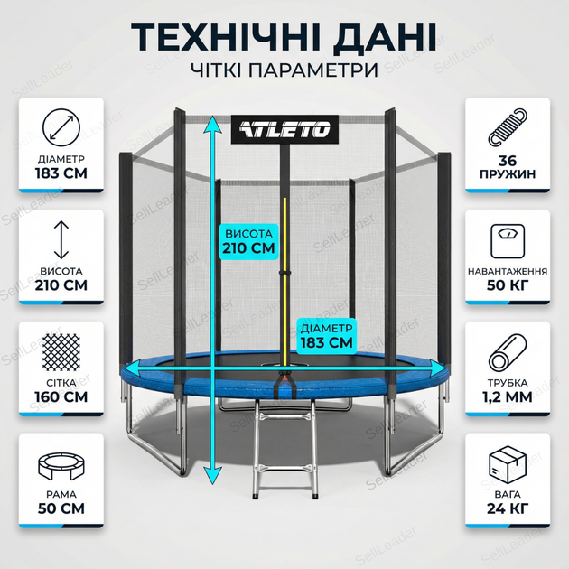 Батут детский с сеткой Atleto 183см игровой круглый уличный 36 пружин для детей двора дачи до 50кг синий - изображение 3