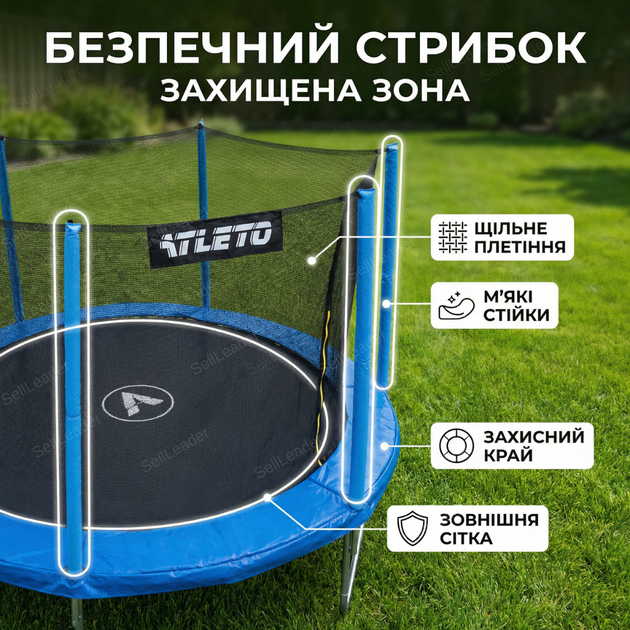 Батут детский с сеткой Atleto 183см игровой круглый уличный 36 пружин для детей двора дачи до 50кг синий - изображение 6