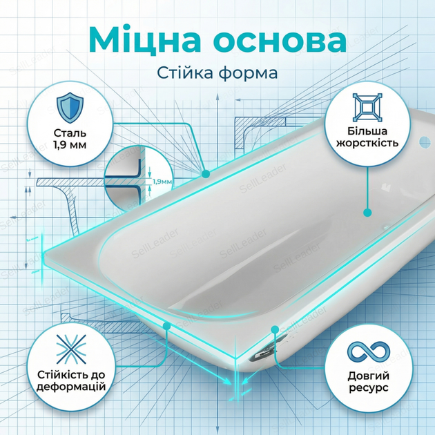 Стальная ванна Insana Verica 120×70см прямоугольная 1.9мм эмалированная металлическая пристенная для отеля дома - изображение 6