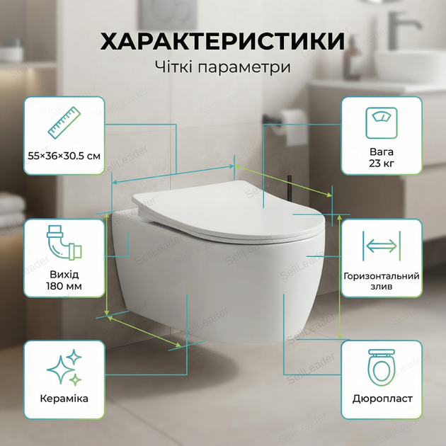 Подвесной унитаз Insana Buffon 55х36х30.5см безободковый для квартиры офиса отеля горизонтальный выход керамика - изображение 3