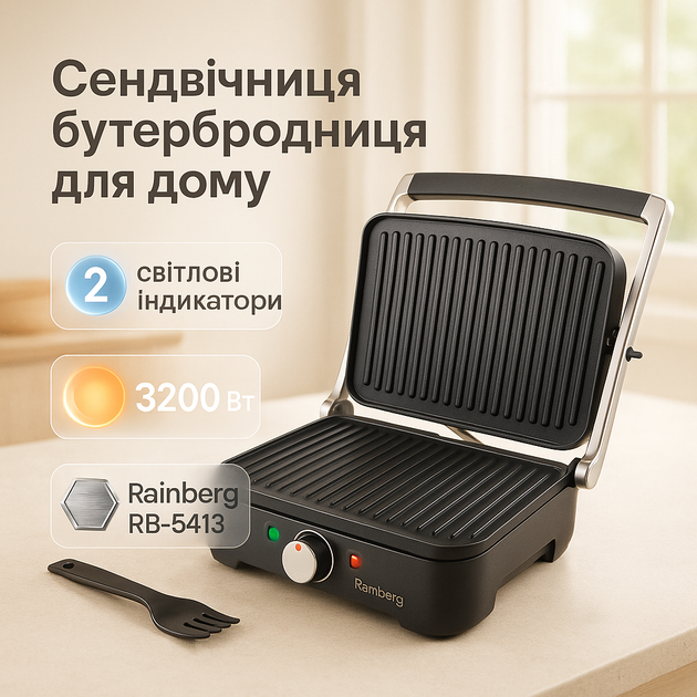Бутербродница с антипригарными панелями Rainberg, Гриль прижимной хороший, Кухонный гриль для мяса KN-19 - изображение 9