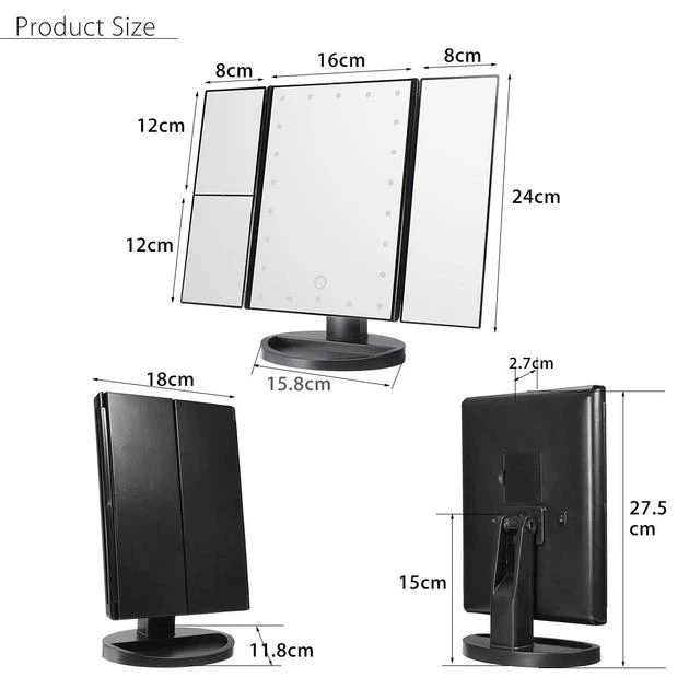 Зеркало косметическое тройное Superstar Magnifying Mirror, с LED подсветкой и подставкой, 22 лампочки, сенсорное управление, вращение на 180°, черное - изображение 3