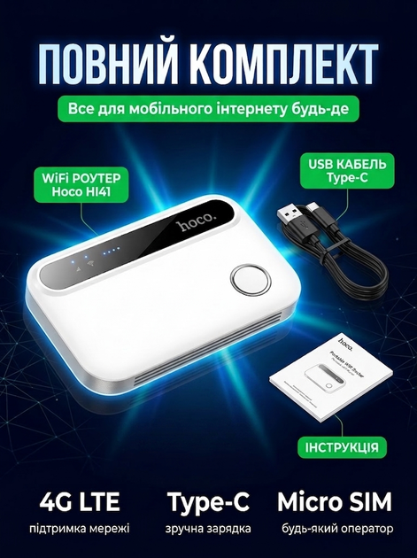 Портативный WiFi роутер Hoco HI41 4G LTE 150Mbps WiFi 6 аккумулятор 2100 mAh мобильный модем с SIM-картой до 15 устройств - изображение 4