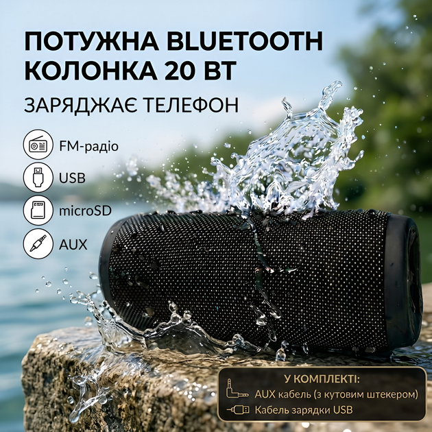 Портативная колонка Bluetooth с FM-радио и microSD – беспроводная аккумуляторная черная - Фото 1 Портативная колонка Bluetooth с FM-радио и microSD – беспроводная аккумуляторная черная - изображение 1