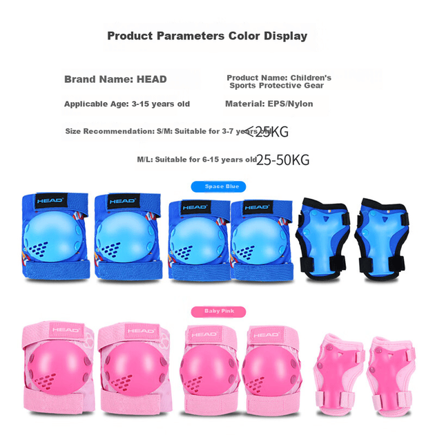 Дитячий захисний комплект спорядження для катання на роликах HEAD: наколінники для скейтборду, налокітники, захист долонь, захисне спорядження для велосипедного скейтборду, 6 предметів, рожевий, M/L - зображення 5