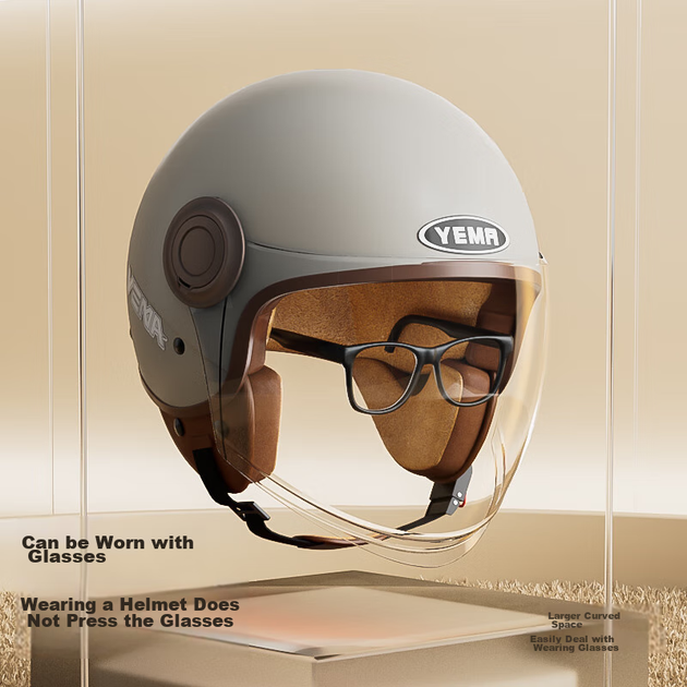 Сертифікований мотоциклетний шолом YEMA 3C класу A 611S для чоловіків та жінок, зимовий персоналізований ретро-шолом безпеки для електричного велосипеда, всесезонний, колір хакі з прозорим довгим козирком + наклейка проти запотівання - зображення 7