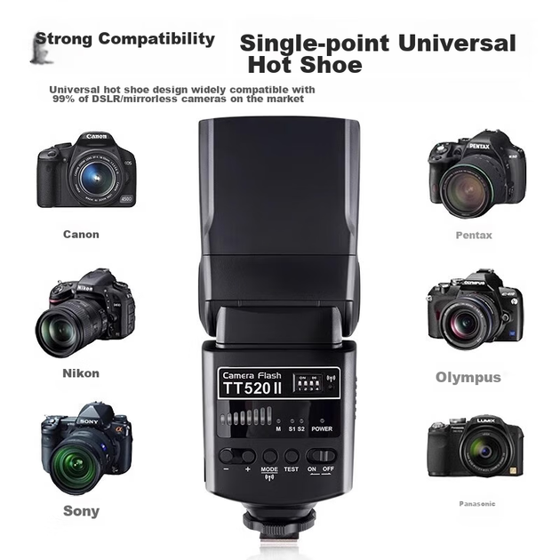Вспышка Godox TT520II для горячего башмака, совместима с камерами Canon, Nikon и Sony, подходит для использования на открытом воздухе, универсальный тип (с синхронизатором). - Фото 3 Вспышка Godox TT520II для горячего башмака, совместима с камерами Canon, Nikon и Sony, подходит для использования на открытом воздухе, универсальный тип (с синхронизатором). - изображение 3
