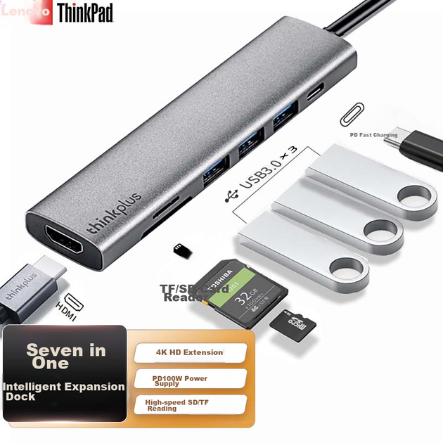 Док-станция расширения ThinkPad Lenovo Type-C, адаптер USB-C на HDMI, гигабитный порт Ethernet RJ45, быстрая зарядка PD, слот для SD/TF-карт, совместима с ноутбуками Apple, док-станция расширения LC07-H - изображение 6