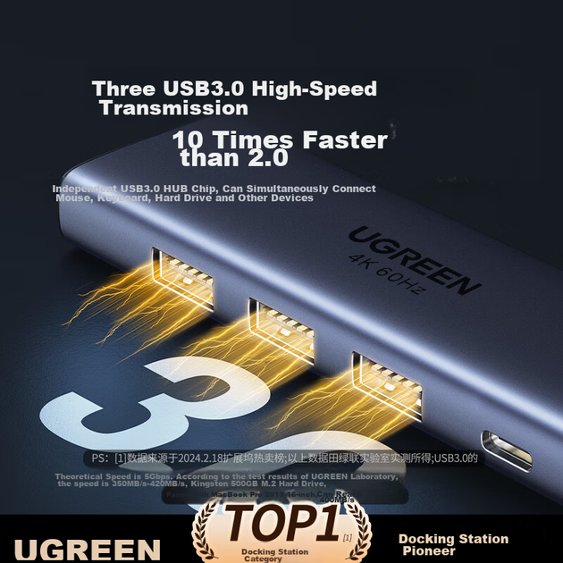 Док-станция расширения UGREEN Type-C Thunderbolt Hub с портом HDMI, расширителем 4K 60 Гц, USB-адаптером для компьютеров Apple, Xiaomi, Huawei, ноутбуков Macbook Neo, конвертером порта C. - изображение 3