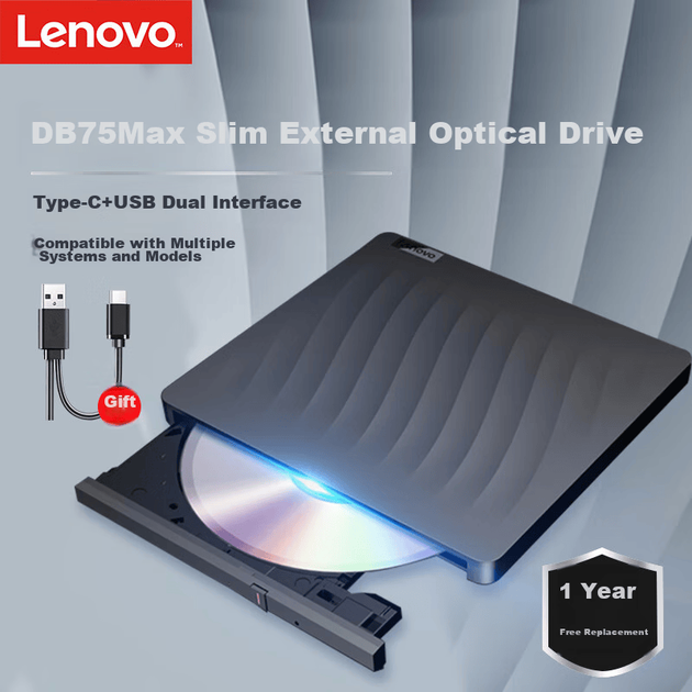 Внешний оптический привод Lenovo 8x, внешний DVD-привод, портативный оптический привод, внешний оптический привод, портативный внешний привод для ноутбука с функцией чтения и записи, черный, DB75-Max - изображение 6