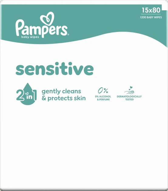 Набір вологих серветок Pampers Sensitive Baby Wipes 15 x 80 шт (8001841063188) - зображення 3