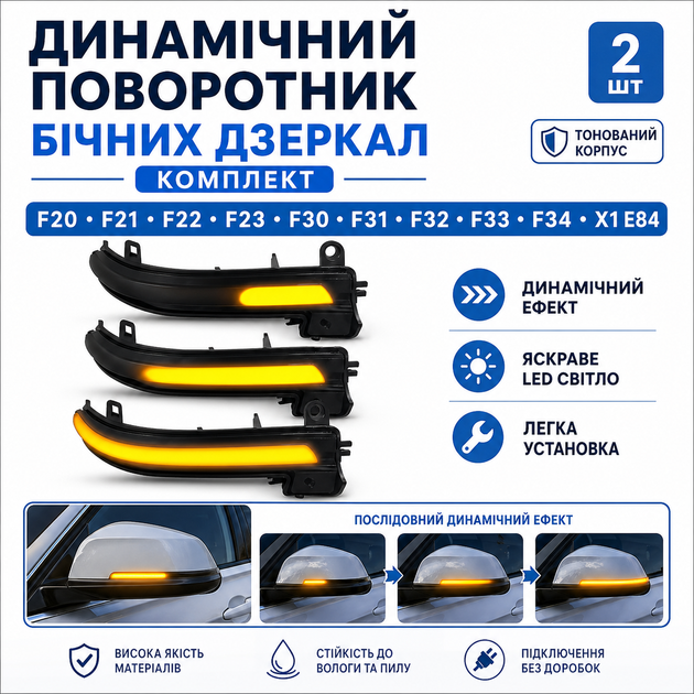 Динамические LED поворотники зеркал BMW F20 F21 F30 F31 F32 F33 F34 X1 E84 - Фото 1 Динамические LED поворотники зеркал BMW F20 F21 F30 F31 F32 F33 F34 X1 E84 - изображение 1