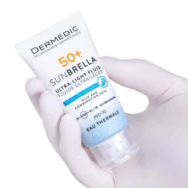 Средство от загара Dermedic Sunbrella Ультралегкий защитный флюид SPF 50+ Для жирной и комбинированной кожи 40 мл (5901643177560) - Фото 2 Средство от загара Dermedic Sunbrella Ультралегкий защитный флюид SPF 50+ Для жирной и комбинированной кожи 40 мл (5901643177560) - изображение 2