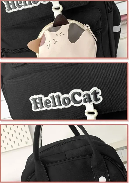 Большой вместительный текстильный рюкзак с ручками и кошельком "Hello Cat". Черный - Фото 3 Большой вместительный текстильный рюкзак с ручками и кошельком "Hello Cat". Черный - изображение 3