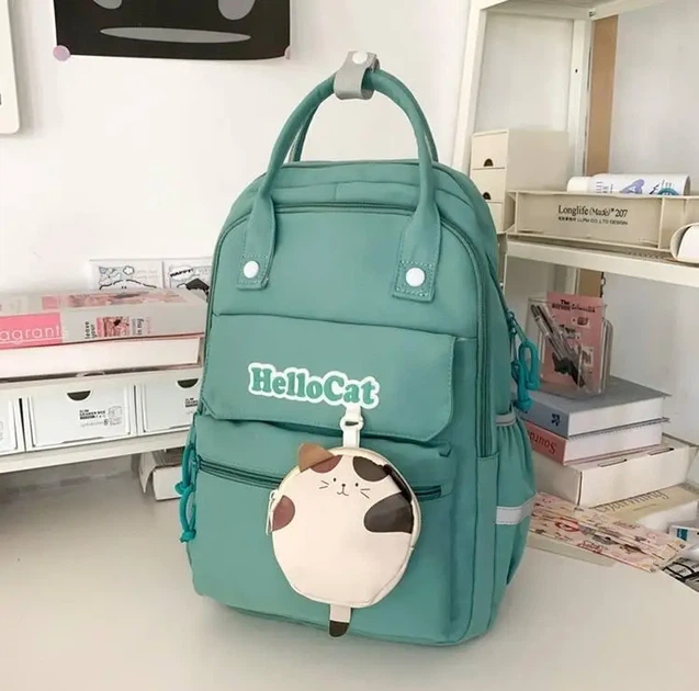 Великий вмісткий текстильний рюкзак з ручками та гаманцем "Hello Cat". Бірюзовий - зображення 3