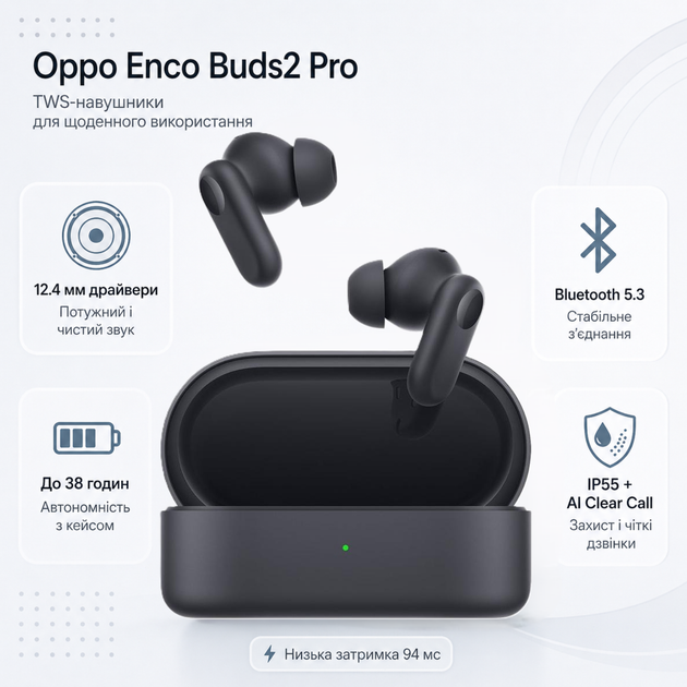 Бездротові навушники Oppo Enco Buds2 Pro 12.4 мм Bluetooth 5.3 38h IP55 Graphite Black - зображення 2