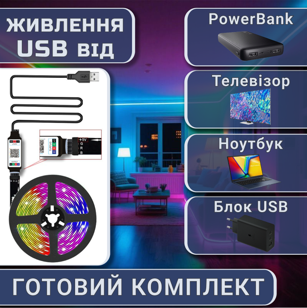 Світлодіодна RGB стрічка комплект 20м з пультом на 44 кнопки та Bluetooth, 18 світлодіодів на метр, USB 5V - зображення 9