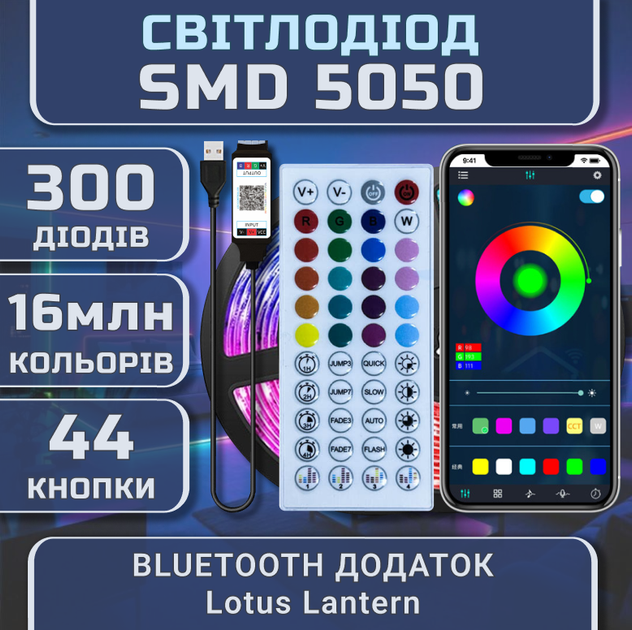 Світлодіодна RGB стрічка IP65 комплект 5м з пультом 44 кнопки та Bluetooth 30 світлодіодів на метр, USB 5V - зображення 7