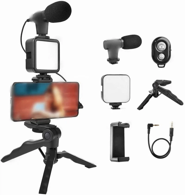Набор блогера 4 в 1 для съемки видео фото стриминга видеоблога тикток Video Making Kit AY-49 микрофон подсветка трипод держатель смартфона Bluetooth кнопка универсальный комплект для YouTube Instagram записи звука освещения стабилизации - Фото 3 Набор блогера 4 в 1 для съемки видео фото стриминга видеоблога тикток Video Making Kit AY-49 микрофон подсветка трипод держатель смартфона Bluetooth кнопка универсальный комплект для YouTube Instagram записи звука освещения стабилизации - изображение 3