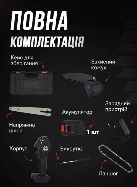 Акумуляторна міні-пила 48V 6" у кейсі | Ланцюгова пилка, 1 АКБ, Li-Ion, гілки до 15 см, компактна - зображення 3