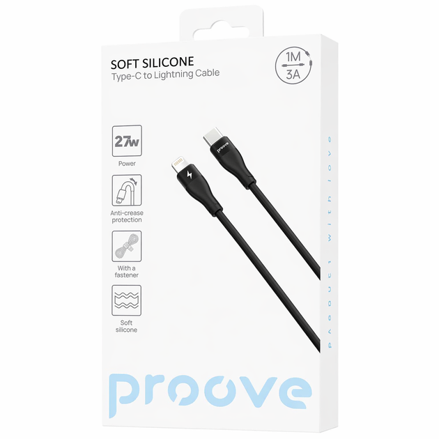 Кабель Proove Soft Silicone Type-C to Lightning (CCSO27002101), 27W, 3A, 1м, 480 Мбіт/c, soft-touch, застібка, чорний - зображення 2