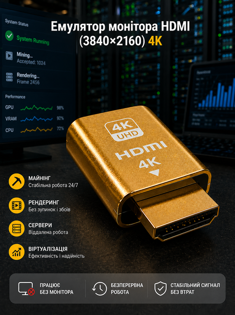 Эмулятор монитора HDMI (3840×2160) 4K — адаптер для имитации дисплея (HDMI Dummy Plug) Gold - Фото 1 Эмулятор монитора HDMI (3840×2160) 4K — адаптер для имитации дисплея (HDMI Dummy Plug) Gold - изображение 1