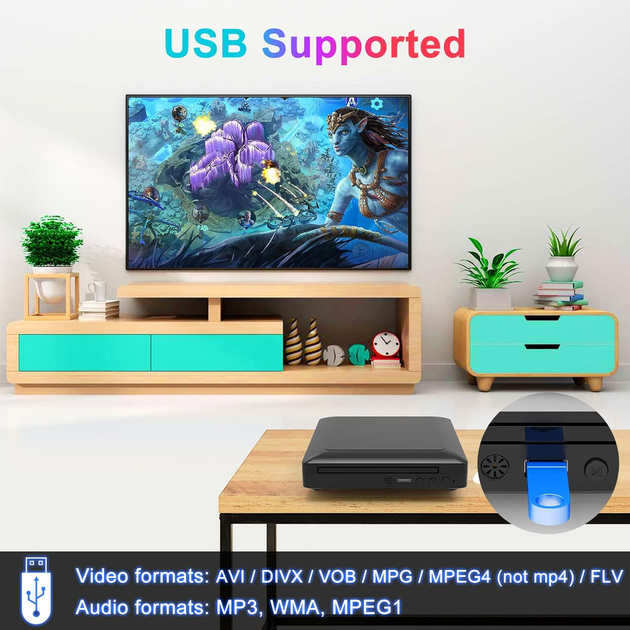 DVD-програвач Toioik DVP-508 Mini HDMI Full HD 1080p, All Region, USB, AV, пульт дистанційного керування, компактний, чорний - зображення 6