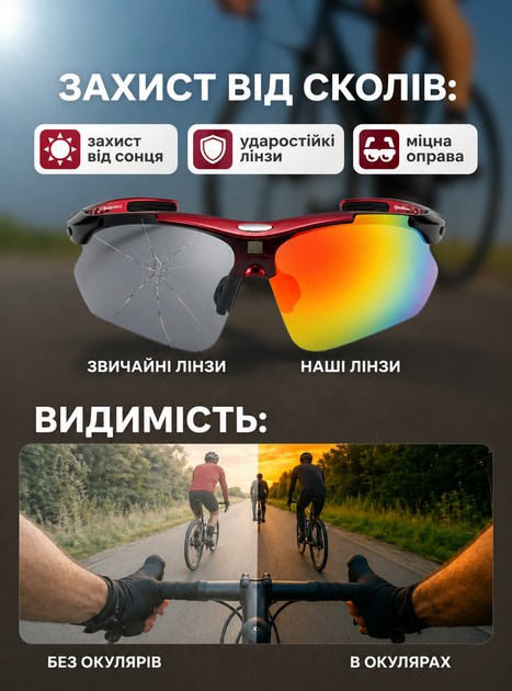 Велоочки велосипедные очки поляризованные защита от ветра пыли и солнца для бега велосипеда спорта туризма рыбалки активного отдыха солнцезащитные со сменными линзами UV400 для мужчин и женщин унисекс ОК-18 ROCKBROS Красный 58694 - изображение 3