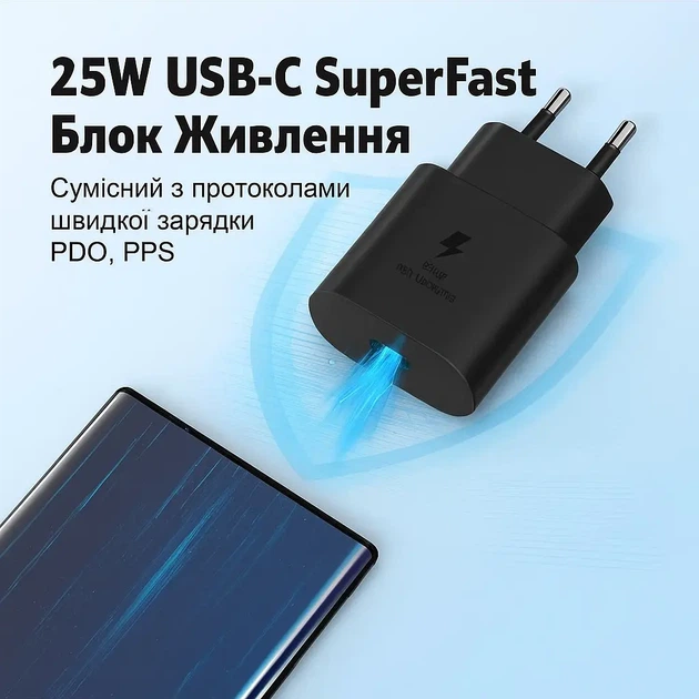 Швидка зарядка 25W для Samsung Galaxy Super Fast Charging PD type-C Power Adapter, зарядний пристрій black - зображення 2