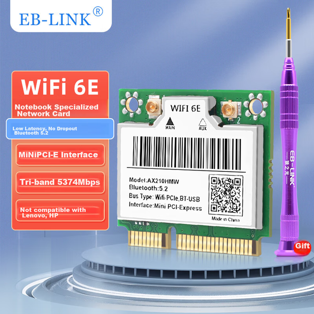 Беспроводная сетевая карта EB-LINK на базе процессора Intel AX210, интерфейс Mini-PCIe 5374M, трехдиапазонный гигабитный Wi-Fi, Bluetooth 5.2, внутренний модуль для компьютера. - Фото 1 Беспроводная сетевая карта EB-LINK на базе процессора Intel AX210, интерфейс Mini-PCIe 5374M, трехдиапазонный гигабитный Wi-Fi, Bluetooth 5.2, внутренний модуль для компьютера. - изображение 1