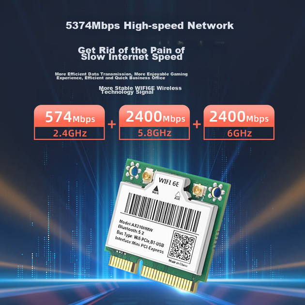 Беспроводная сетевая карта EB-LINK на базе процессора Intel AX210, интерфейс Mini-PCIe 5374M, трехдиапазонный гигабитный Wi-Fi, Bluetooth 5.2, внутренний модуль для компьютера. - Фото 5 Беспроводная сетевая карта EB-LINK на базе процессора Intel AX210, интерфейс Mini-PCIe 5374M, трехдиапазонный гигабитный Wi-Fi, Bluetooth 5.2, внутренний модуль для компьютера. - изображение 5