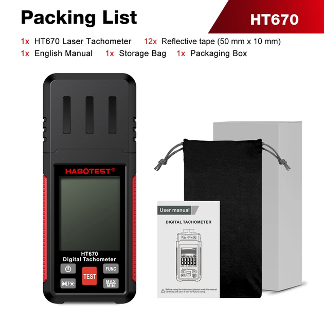 Цифровой тахометр HABOTEST HT670 бесконтактный тестер оборотов в минуту портативный лазерный тахометр - изображение 3