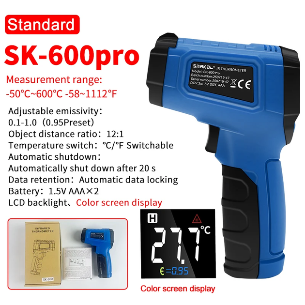 Пирометр SNAKOL SK-600Pro цифровой инфракрасный термометр -50–600°C EMS=0.1-1.00 DS=12:1 многолучевой лазер - изображение 3