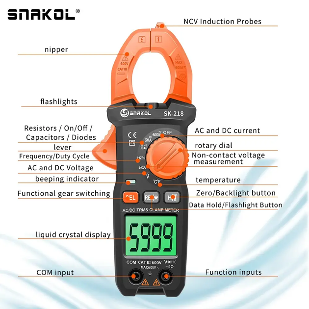 Токовые клещи SNAKOL SK-218 TrueRMS 600В AC/DC постоянный ток мультиметр вольтметр амперметр - Фото 5 Токовые клещи SNAKOL SK-218 TrueRMS 600В AC/DC постоянный ток мультиметр вольтметр амперметр - изображение 5