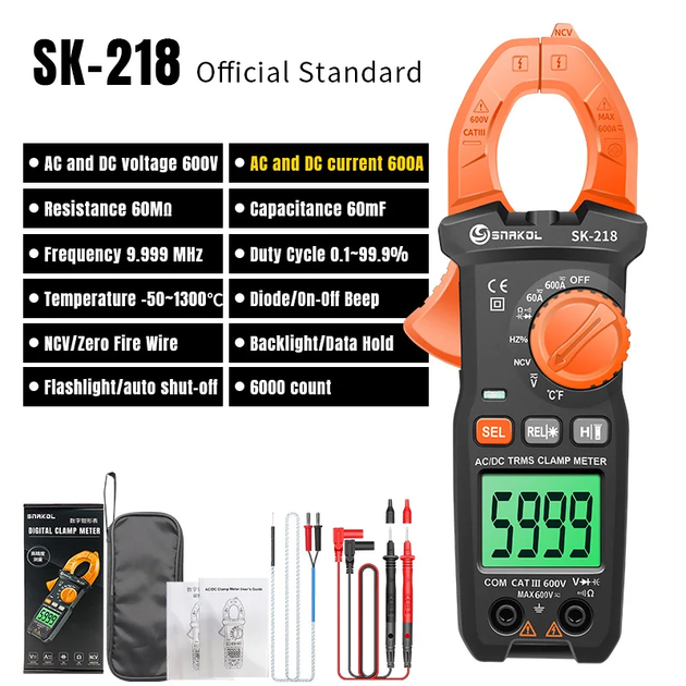 Токовые клещи SNAKOL SK-218 TrueRMS 600В AC/DC постоянный ток мультиметр вольтметр амперметр - Фото 6 Токовые клещи SNAKOL SK-218 TrueRMS 600В AC/DC постоянный ток мультиметр вольтметр амперметр - изображение 6
