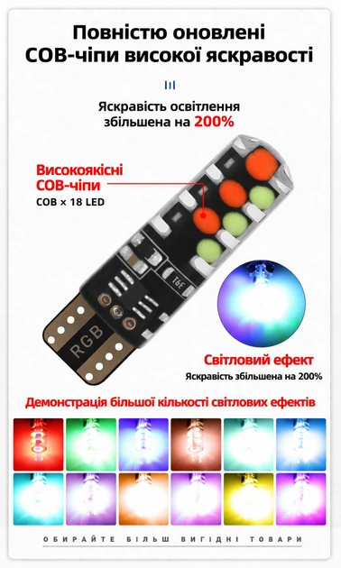 LED автолампи T10 з пультом ДК та стробоскопом RGB – кольорові габаритні світлодіодні лампи для авто - Фото 9 LED автолампи T10 з пультом ДК та стробоскопом RGB – кольорові габаритні світлодіодні лампи для авто - зображення 9