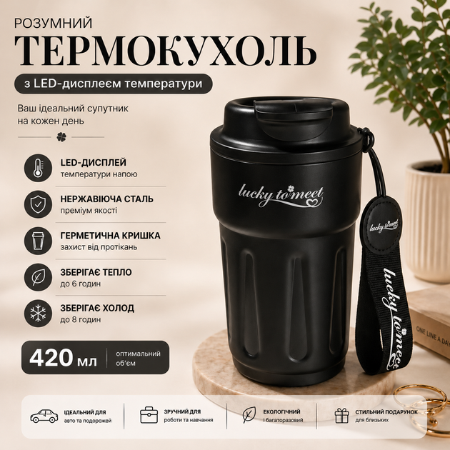 Умная термокружка Lucky to Meet 420 мл с LED-дисплеем температуры, нержавеющая сталь (Черный) - Фото 1 Умная термокружка Lucky to Meet 420 мл с LED-дисплеем температуры, нержавеющая сталь (Черный) - изображение 1