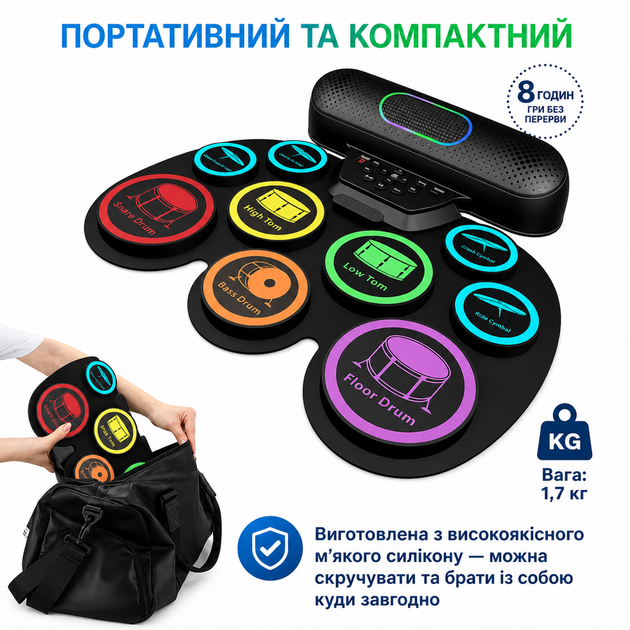 Электронная барабанная установка 9 pads с двойным встроенным динамиком, барабанными палочками и педалями - изображение 5