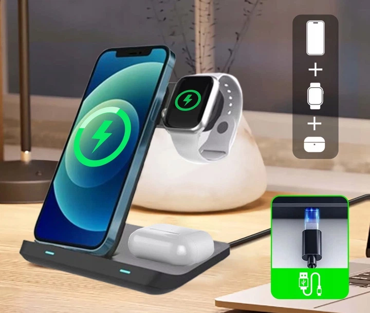 Ładowarka bezprzewodowa Zenwire Foldable X12 3w1 USB-C Qi for Phone, Smartphone, Watch, Headphones TWS Airpods Buds Black (5904507529734) - obraz 4